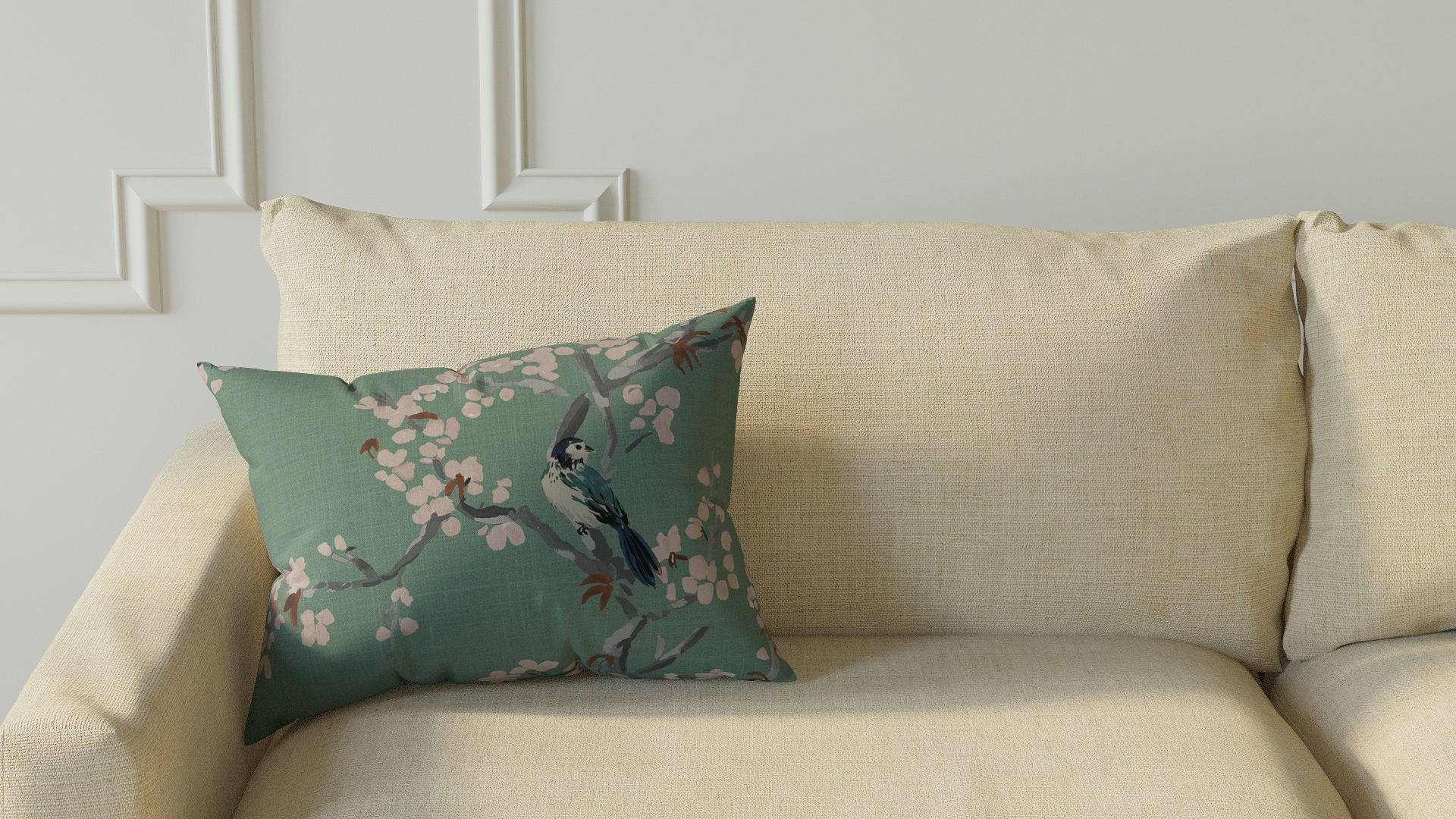 Throw Pillow 14" x 20", Mint Cherry Blossom, 14" x 20" - Image 2