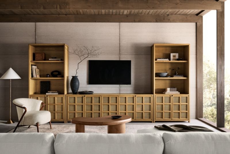 Campagna 93" Rattan and Natural Oak Wood 3-Shelf Storage Bookcase Cabinet - Image 2