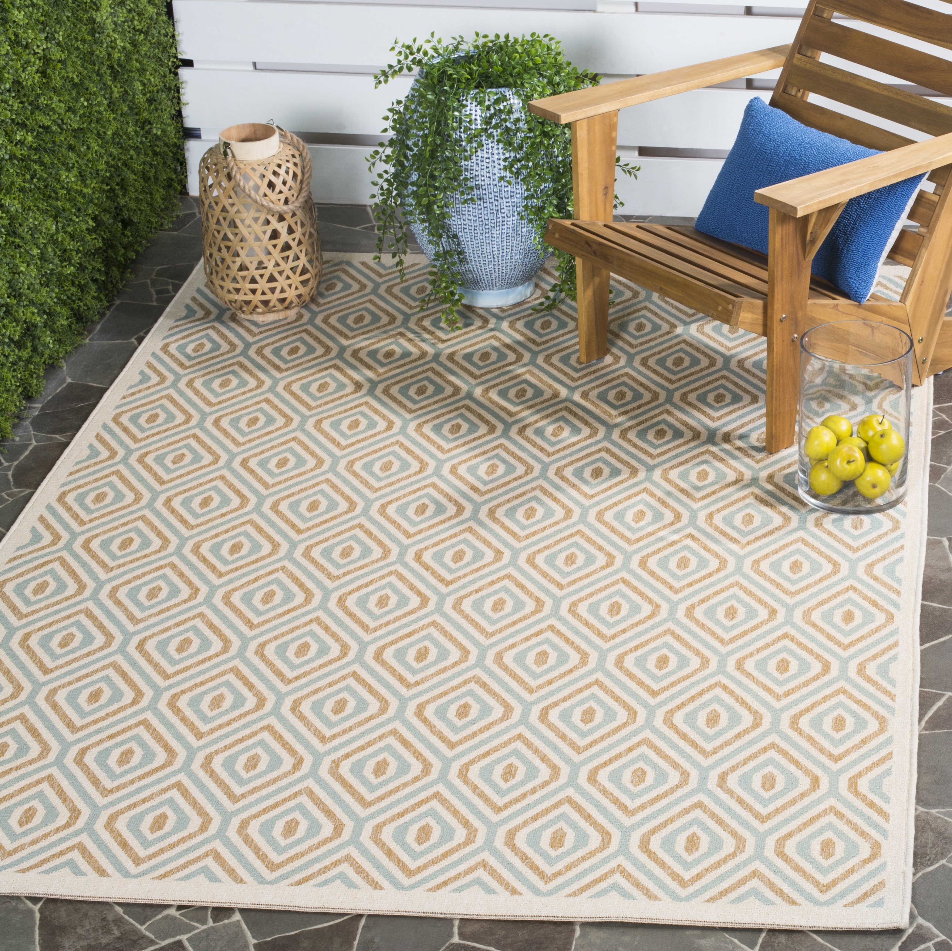 Arlo Home Indoor/Outdoor Woven Area Rug, VER003-0213, Cream/Aqua,  4' X 5' 7" - Image 1
