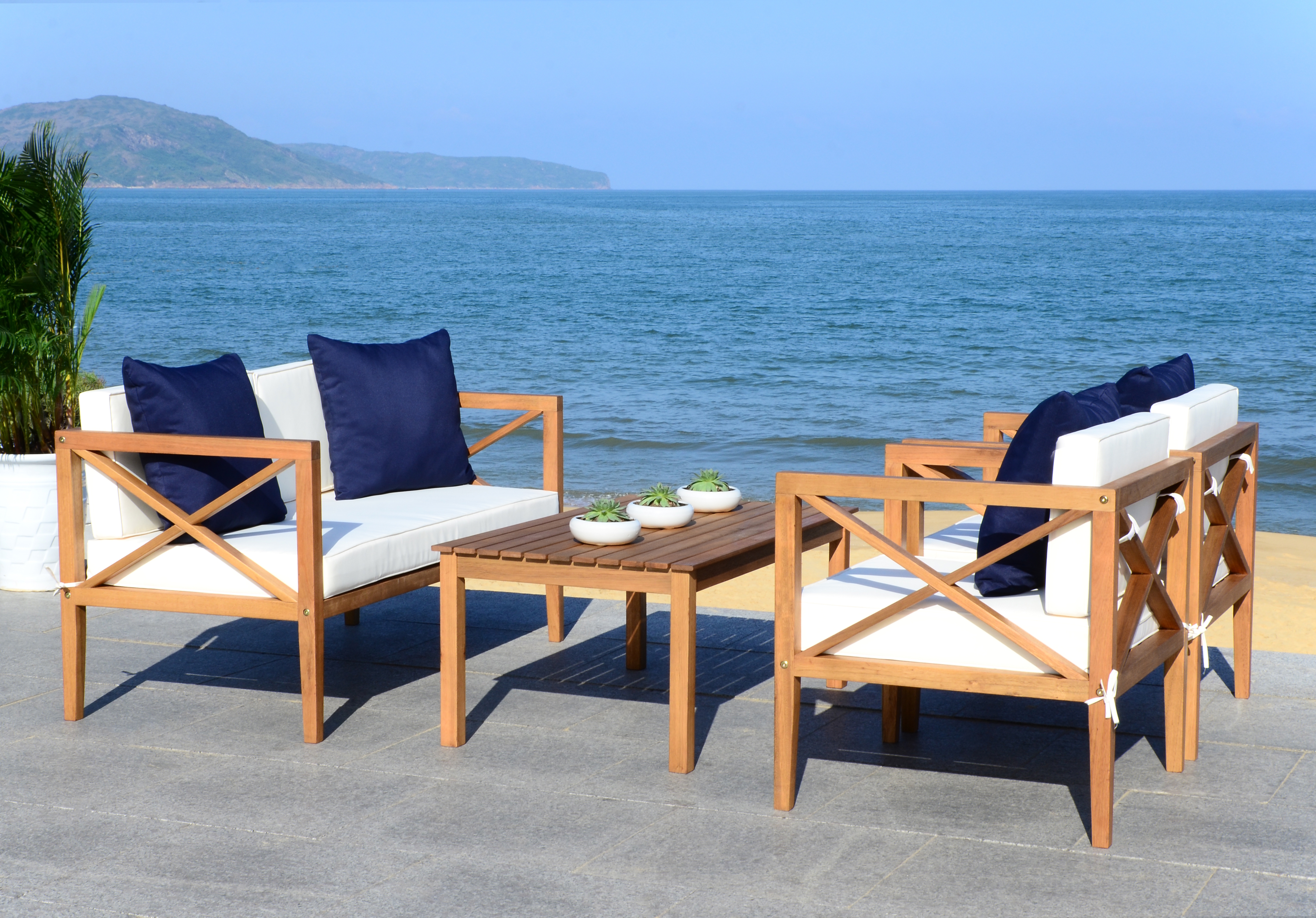 Nunzio 4 Piece Outdoor Set With Accent Pillows - Natural/White/Navy - Safavieh - Image 4