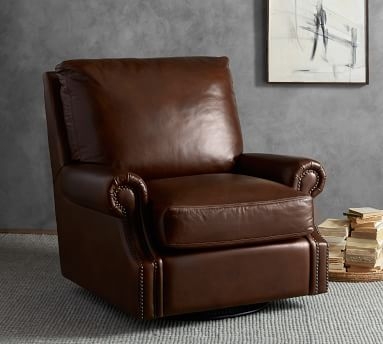James Roll Arm Leather Swivel Armchair, Down Blend Wrapped Cushions, Churchfield Chocolate - Image 1