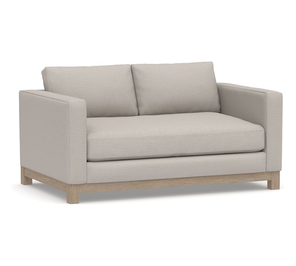 Jake Upholstered Apartment Sofa 2x1 63" with Wood Base, Standard Cushions, Chunky Basketweave Stone - Image 0
