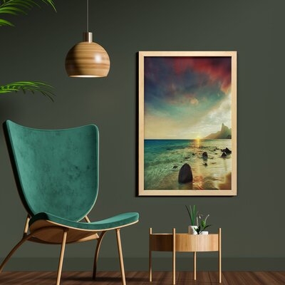 Ambesonne Beach Wall Art With Frame, Sunrise Over The Sea Tropical Water Summer Rock And Dramatic Sky Nature, Printed Fabric Poster For Bathroom Living Room Dorms, 23" X 35", Blue Cream - Image 0