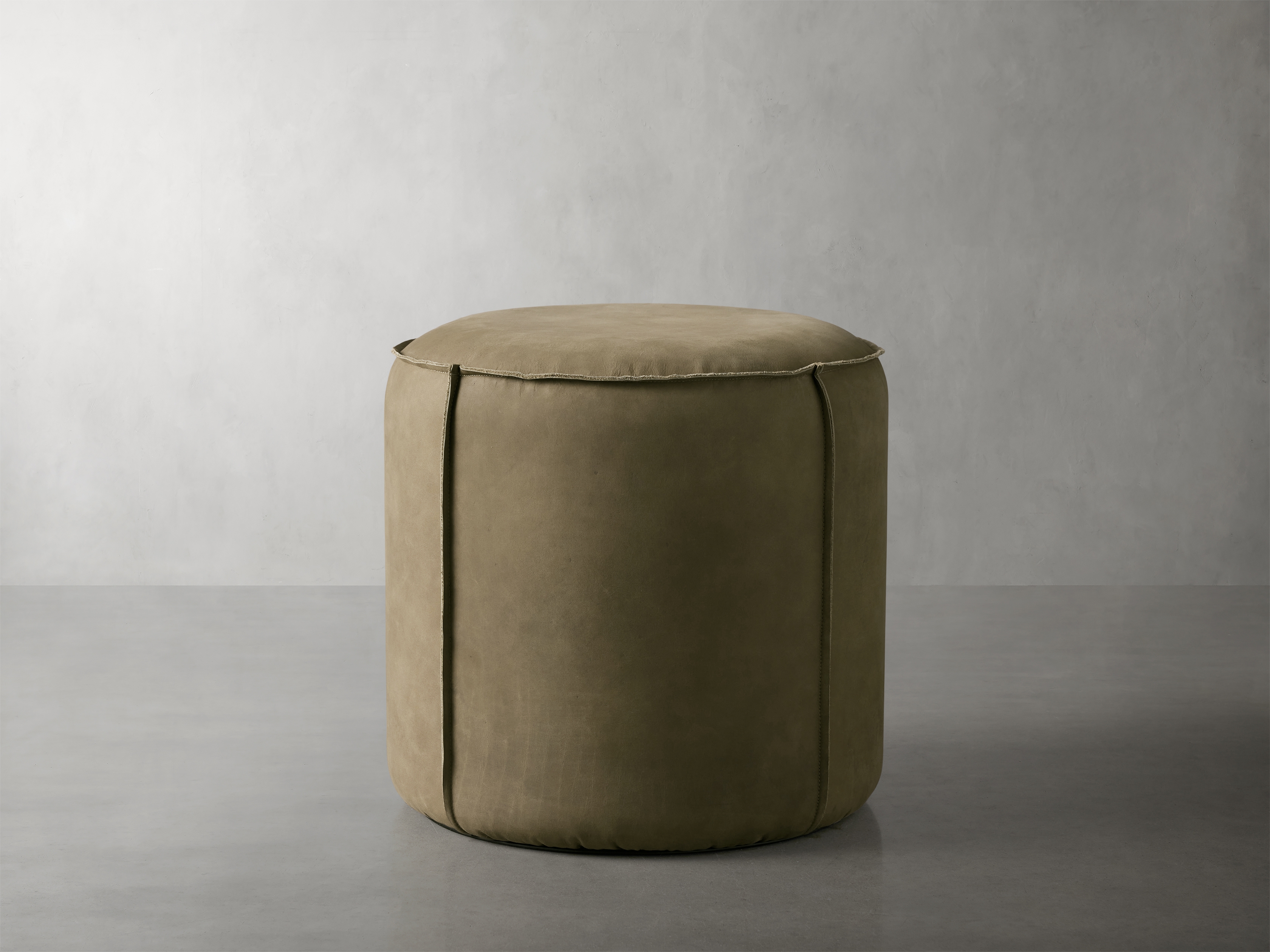 Nubuck Round Pouf Leather in Green  Olive - Image 0