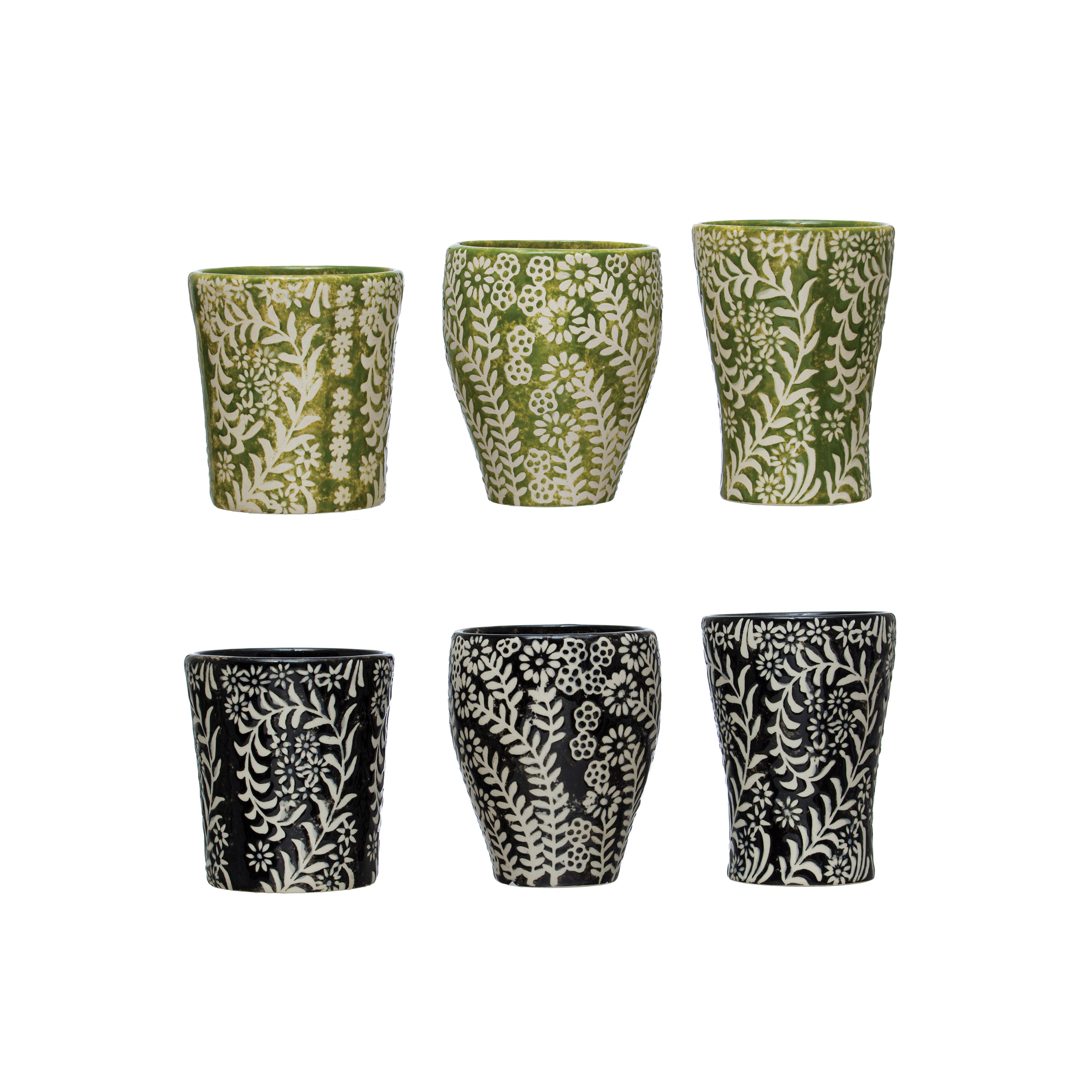 Farmhouse Stoneware Cups with Wax Relief Botanicals, Set of 6 Styles, 2 Colors - Image 0