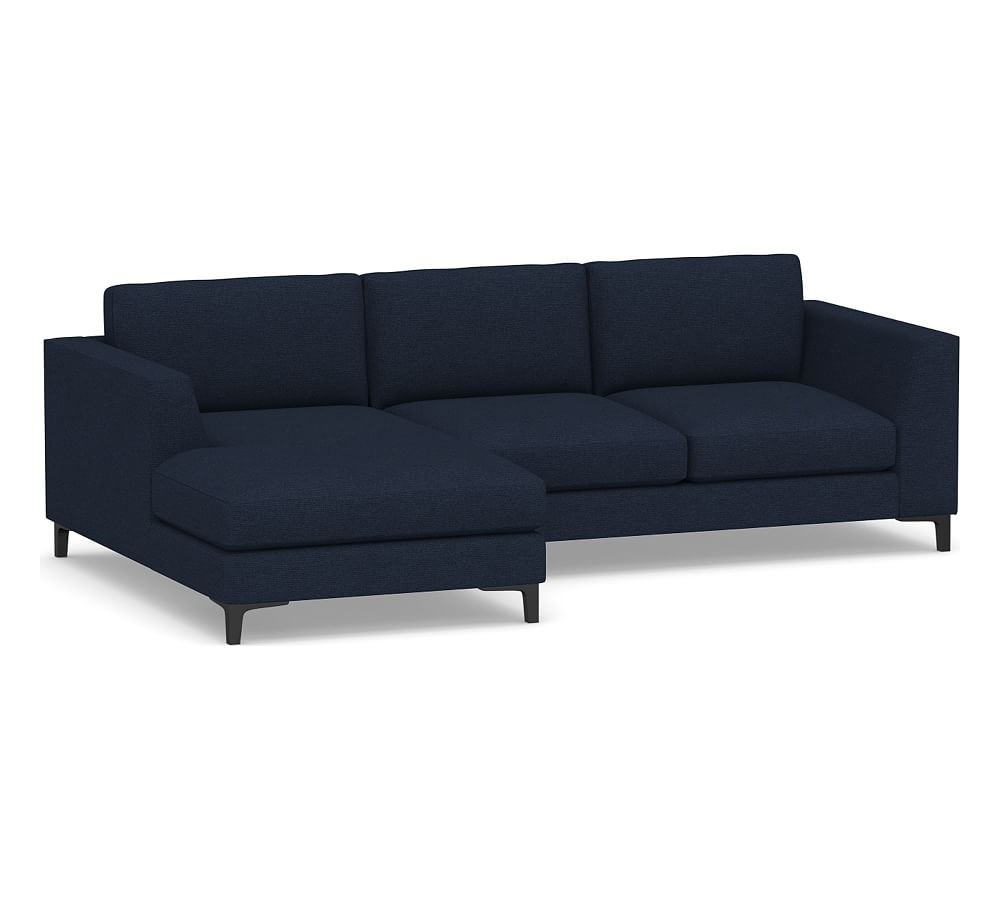 Ansel Upholstered Right Arm Loveseat with Chaise Sectional, Polyester Wrapped Cushions, Performance Heathered Basketweave Navy - Image 0
