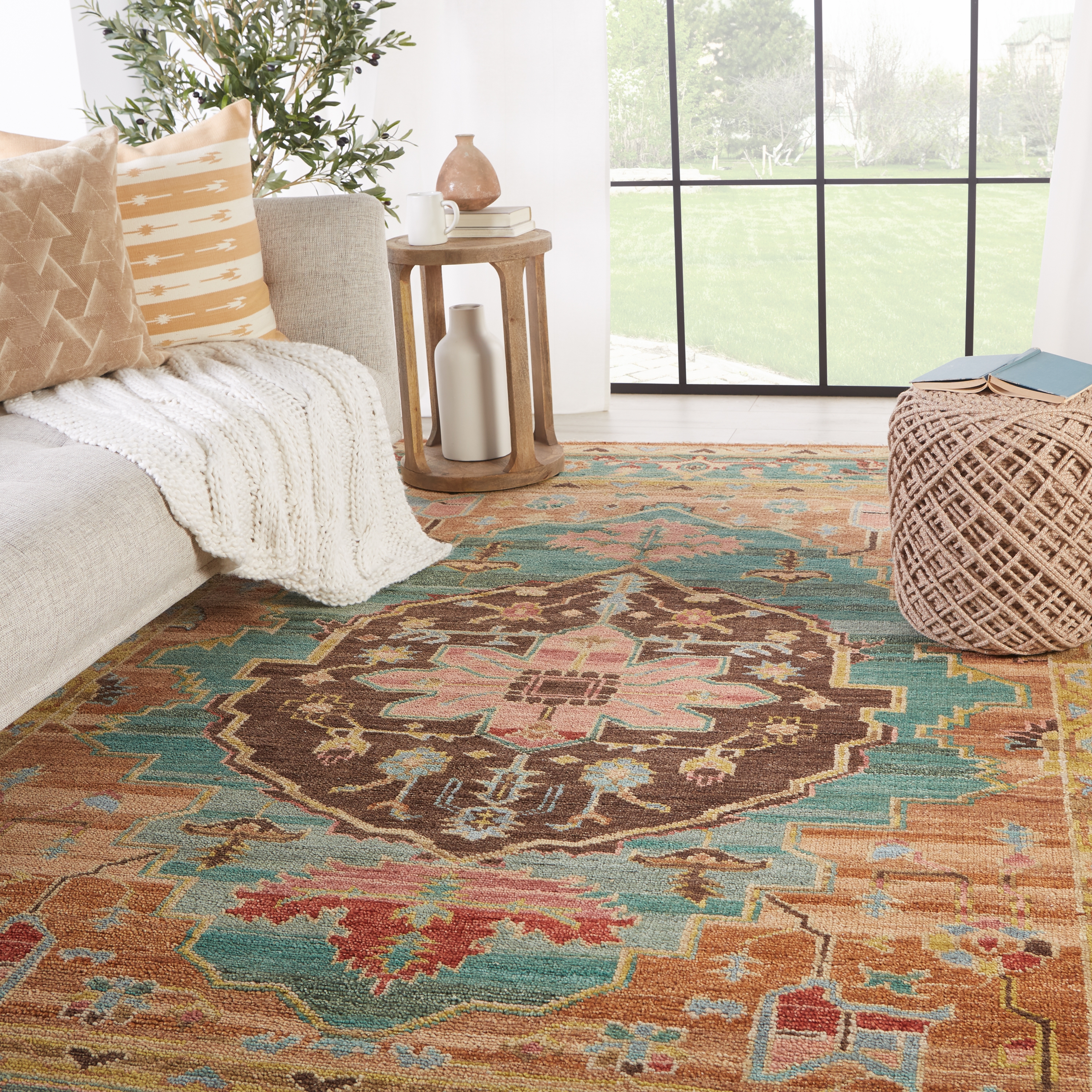 Jude Hand-Knotted Medallion Teal/ Dark Blush Area Rug (6'X9') - Image 4