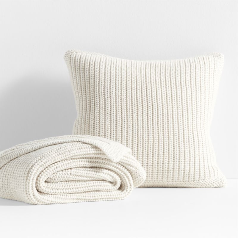 Arctic Ivory Wool Blend 23''x23" Fisherman Knit Throw Pillow with Down-Alternative Insert - Image 7