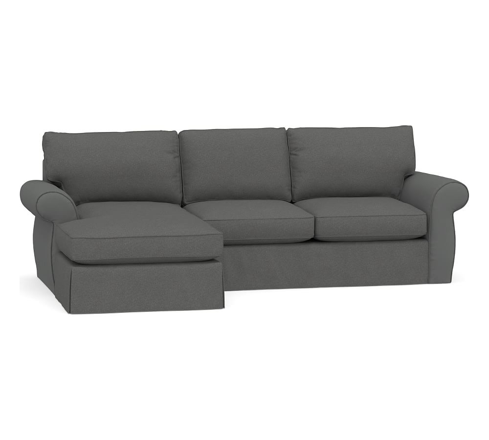 Pearce Roll Arm Slipcovered Right Arm Loveseat with Chaise Sectional, Down Blend Wrapped Cushions, Park Weave Charcoal - Image 0