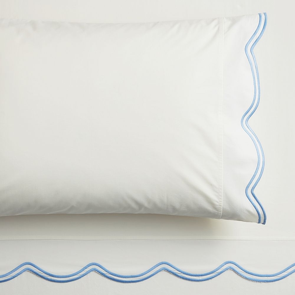 LoveShackFancy Embroidered Scallop Sheet Set, Twin/Twin XL, Ivory/blue - Image 0