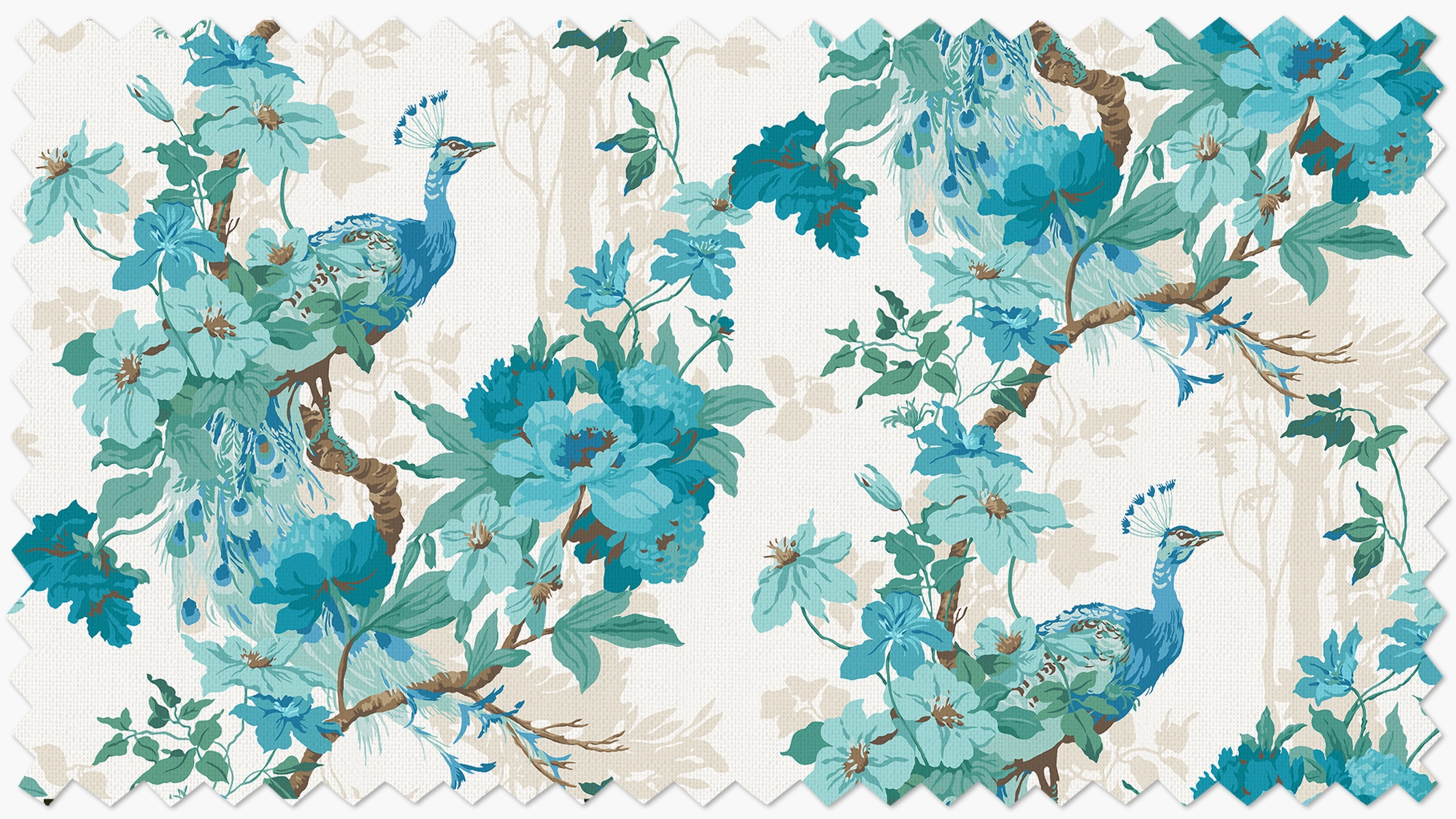 Printed Linen Blend Fabric By The Yard, Turquoise Peacock Park - Image 0