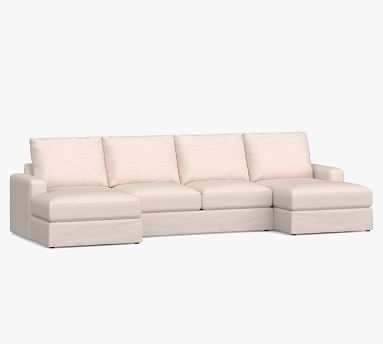 Canyon Square Arm Slipcovered U-Chaise Loveseat Sectional, Down Blend Wrapped Cushions, Performance Brushed Basketweave Chambray - Image 1