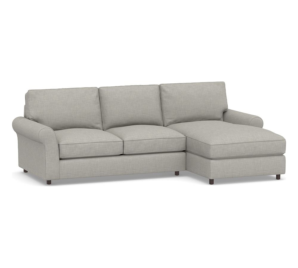 PB Comfort Roll Arm Upholstered Left Arm Loveseat with Chaise Sectional, Box Edge Memory Foam Cushions, Premium Performance Basketweave Light Gray - Image 0