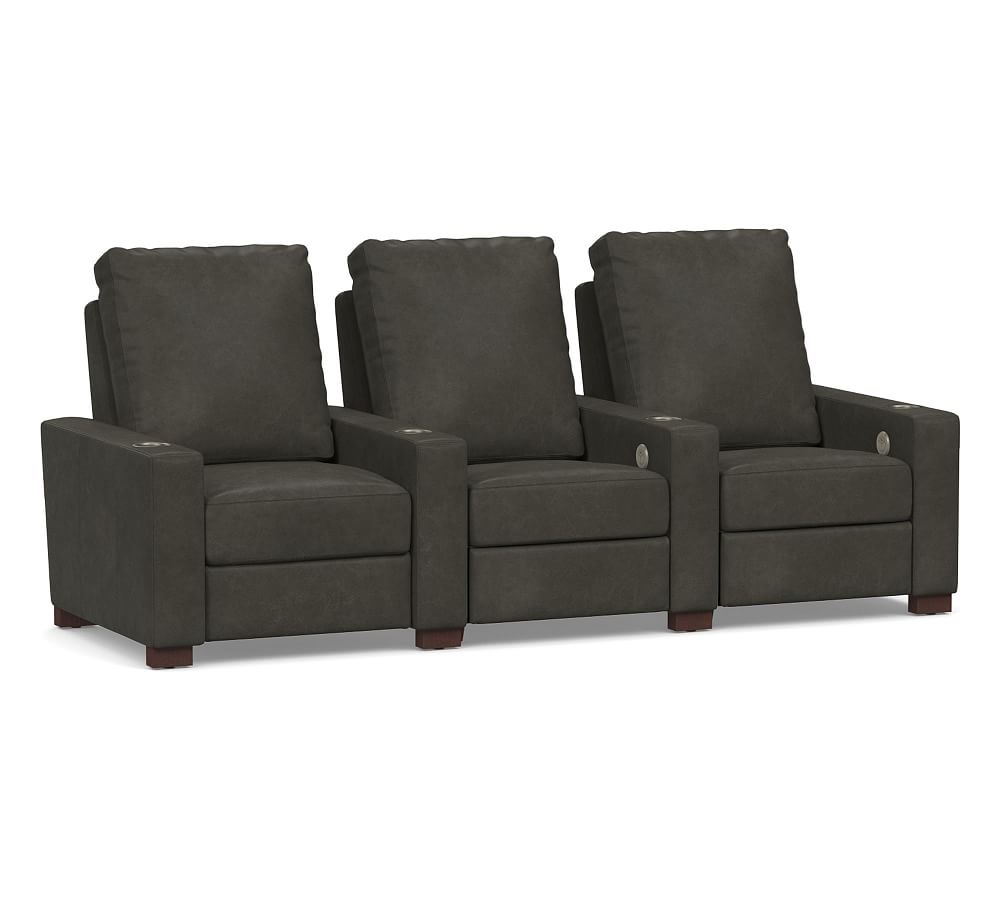 Turner Square Arm Leather Media 3-Piece Media Armchair Sectional, Down Blend Wrapped Cushions, Churchfield Ebony - Image 0