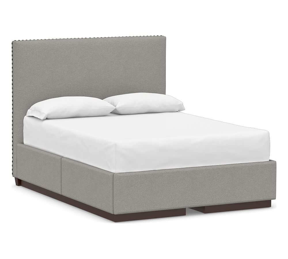 Raleigh Square Upholstered Tall Headboard and Side Storage Platform Bed & Bronze Nailheads, Full, Performance Heathered Basketweave Platinum - Image 0