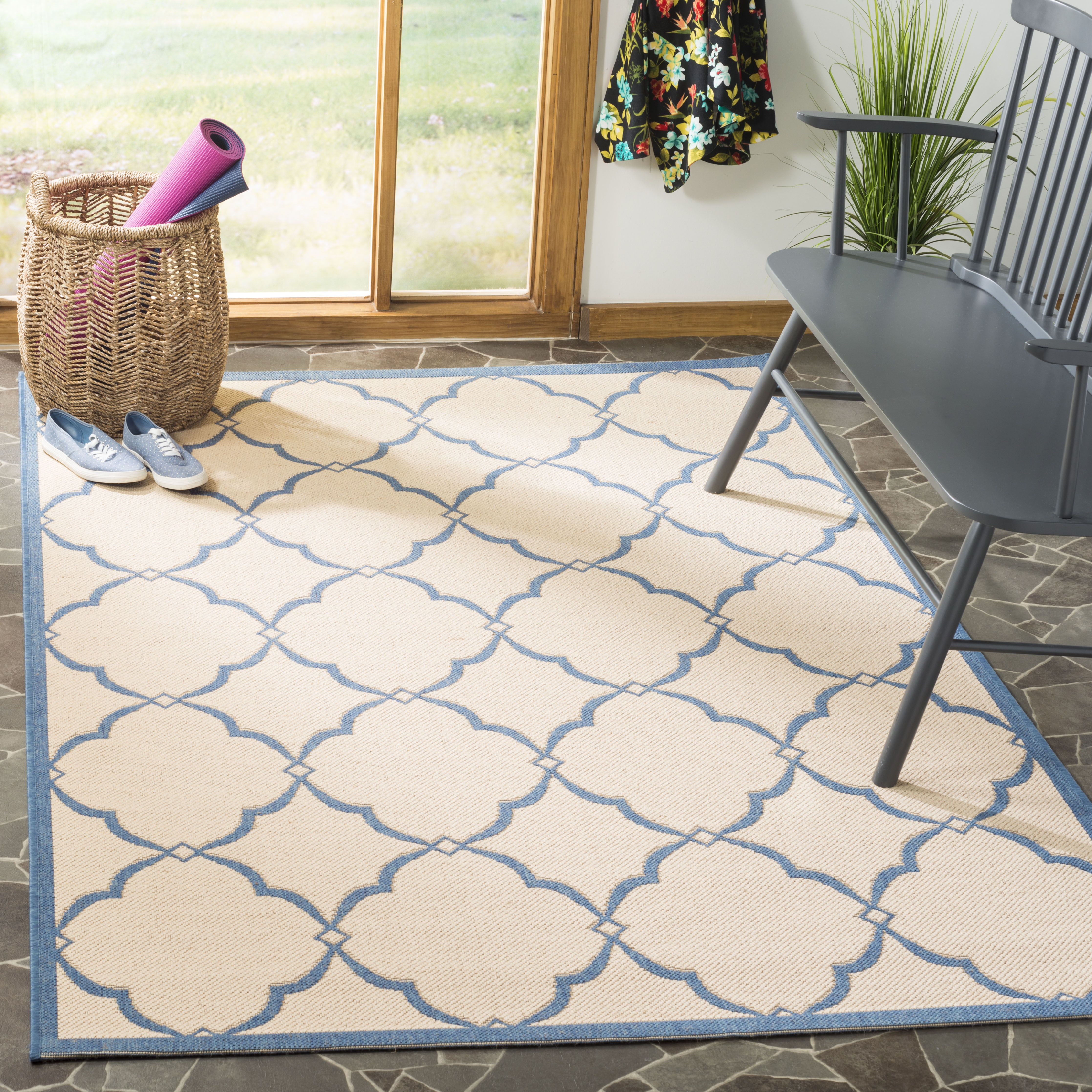 Arlo Home Indoor/Outdoor Woven Area Rug, LND125N, Cream/Blue,  4' X 6' - Image 1