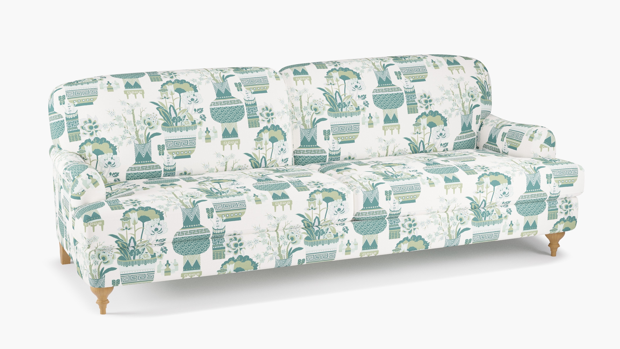 English Roll Arm Sofa, Pistachio Kan-Shie, Natural Turned Wood Leg - Image 1