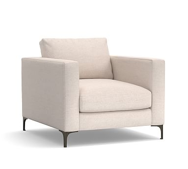 Jake Upholstered Armchair with Bronze Legs, Polyester Wrapped Cushions, Performance Brushed Basketweave Chambray - Image 0