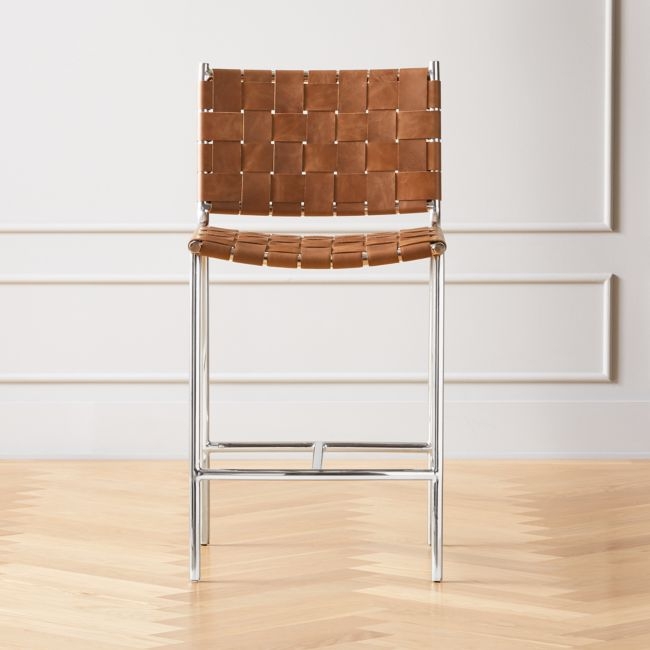 Woven 24" Brown Leather Counter Stool - Image 0