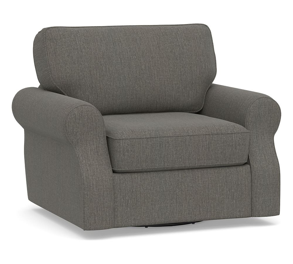 Soma Fremont Roll Arm Upholstered Swivel Armchair, Polyester Wrapped Cushions, Chenille Basketweave Charcoal - Image 0