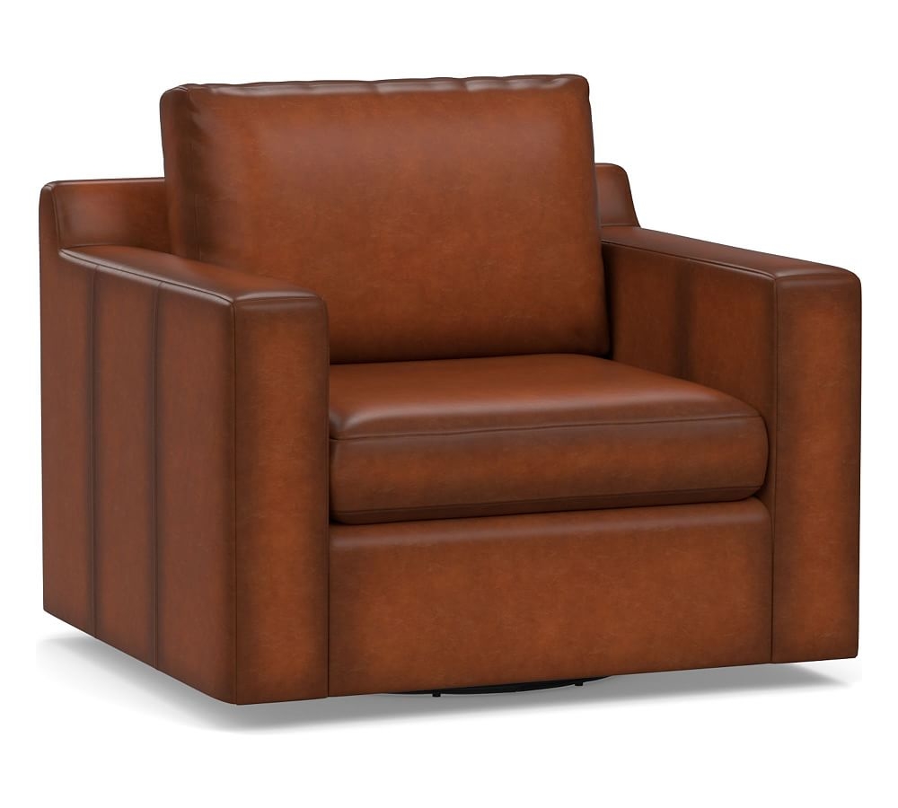 Shasta Square Arm Leather Swivel Armchair, Polyester Wrapped Cushions, Burnished Saddle - Image 0