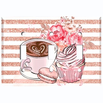 Metal Light Switch Plate Outlet Cover (Coffee Espresso Mocha Cupcake Pink Stripe - Triple Toggle) - Image 0