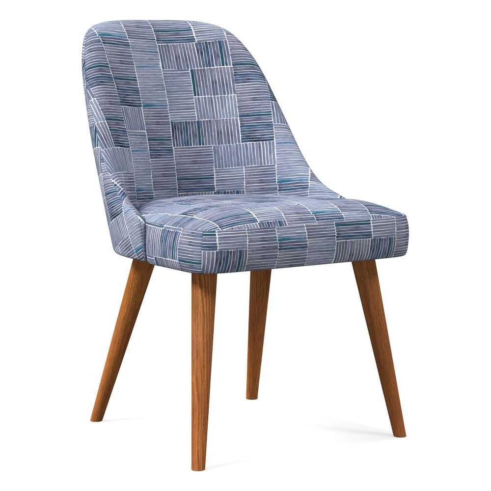 Mid-Century Upholstered Dining Chair, Watercolor Stripe, Midnight, Pecan - Image 0