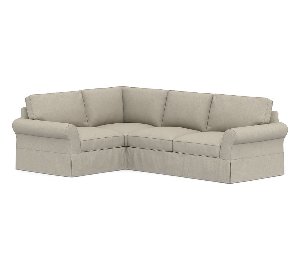 PB Comfort Roll Arm Slipcovered Right Arm 3-Piece Corner Sectional, Box Edge Down Blend Wrapped Cushions, Performance Boucle Fog - Image 0