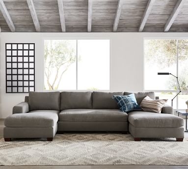 Big Sur Square Arm Upholstered U-Chaise Loveseat Sectional, Down Blend Wrapped Cushions, Chenille Basketweave Taupe - Image 2