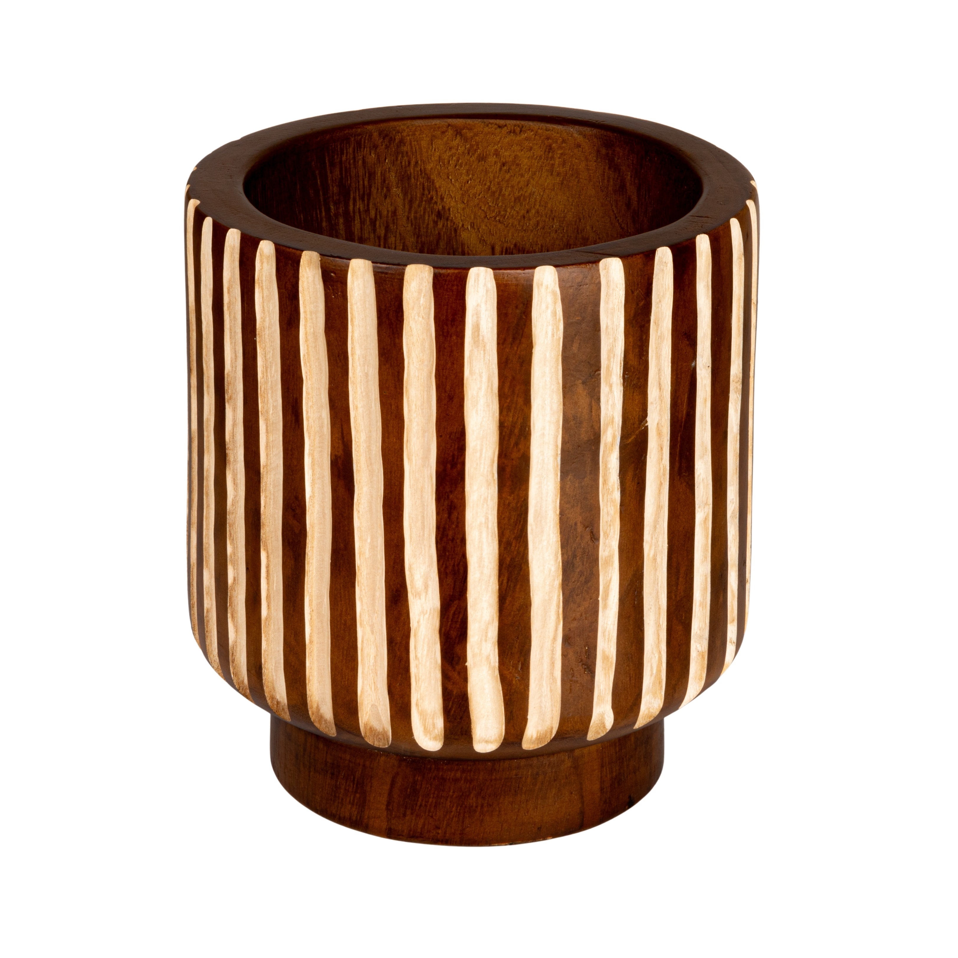 Hand-Carved Wood Planter with Stripes, Walnut Finish - Image 0