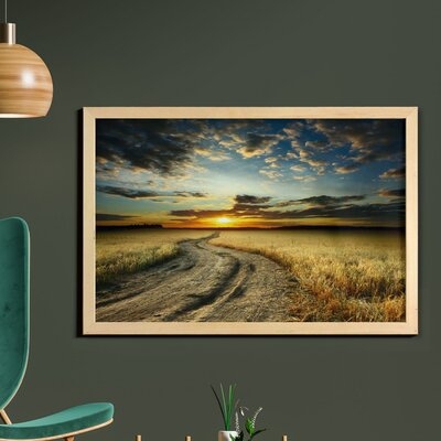 Ambesonne Nature Wall Art With Frame, Road In The Field With Ripe Yellow Wheat Garden Under Cloudy Sunset Sky Landscape, Printed Fabric Poster For Bathroom Living Room Dorms, 35" X 23", Multicolor - Image 0