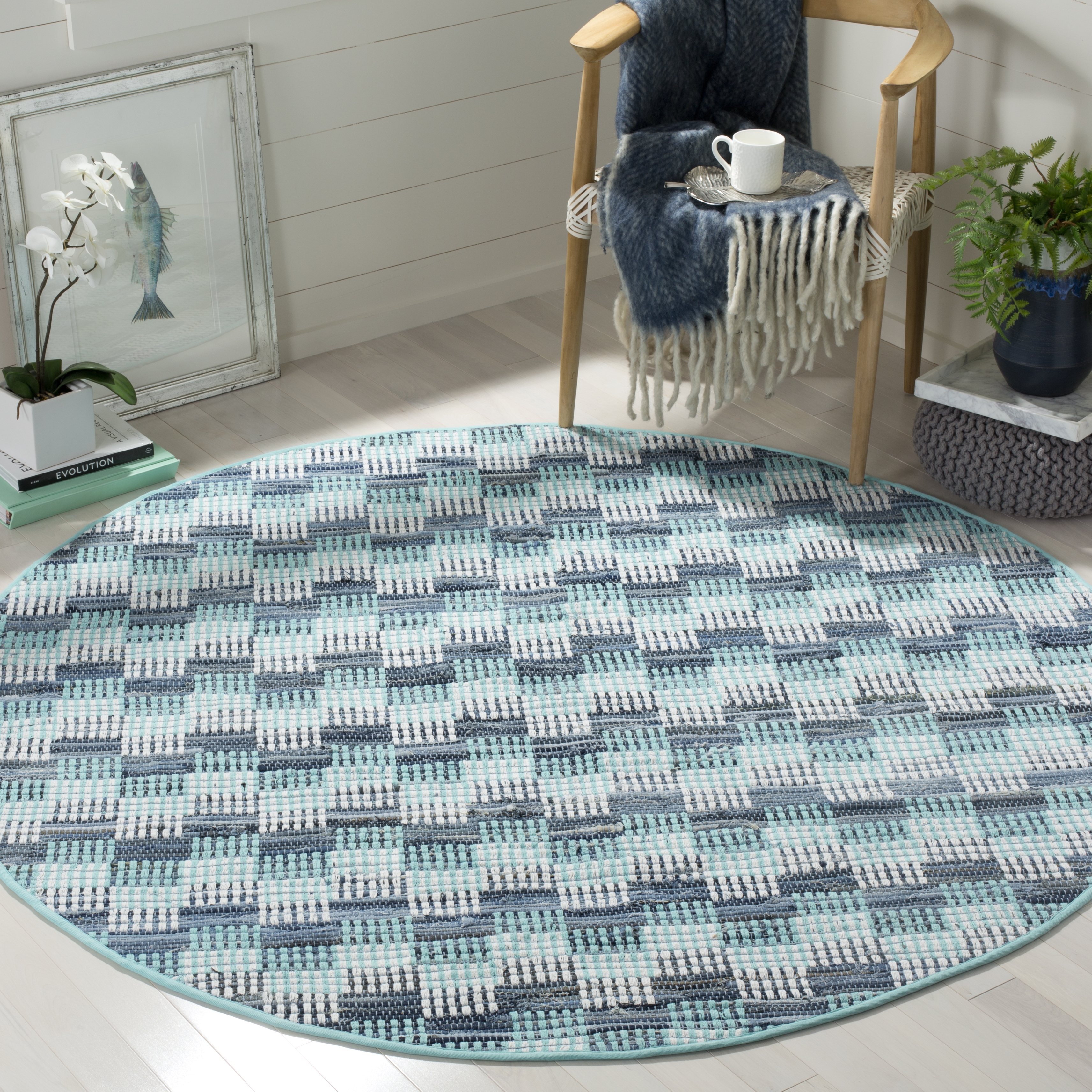 Arlo Home Hand Woven Area Rug, MTK121C, Turquoise/Multi,  4' X 4' Round - Image 1