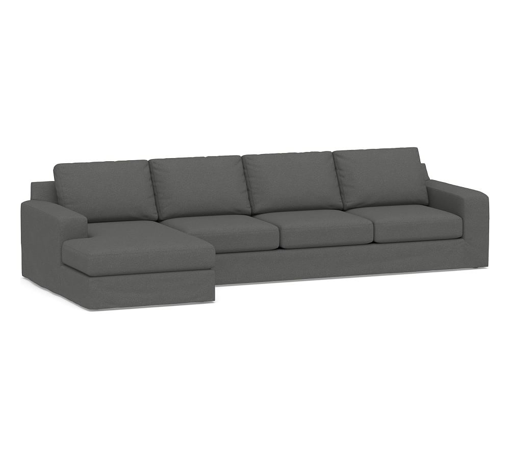 Big Sur Square Arm Slipcovered Right Arm Grand Sofa with Chaise Sectional, Down Blend Wrapped Cushions, Park Weave Charcoal - Image 0