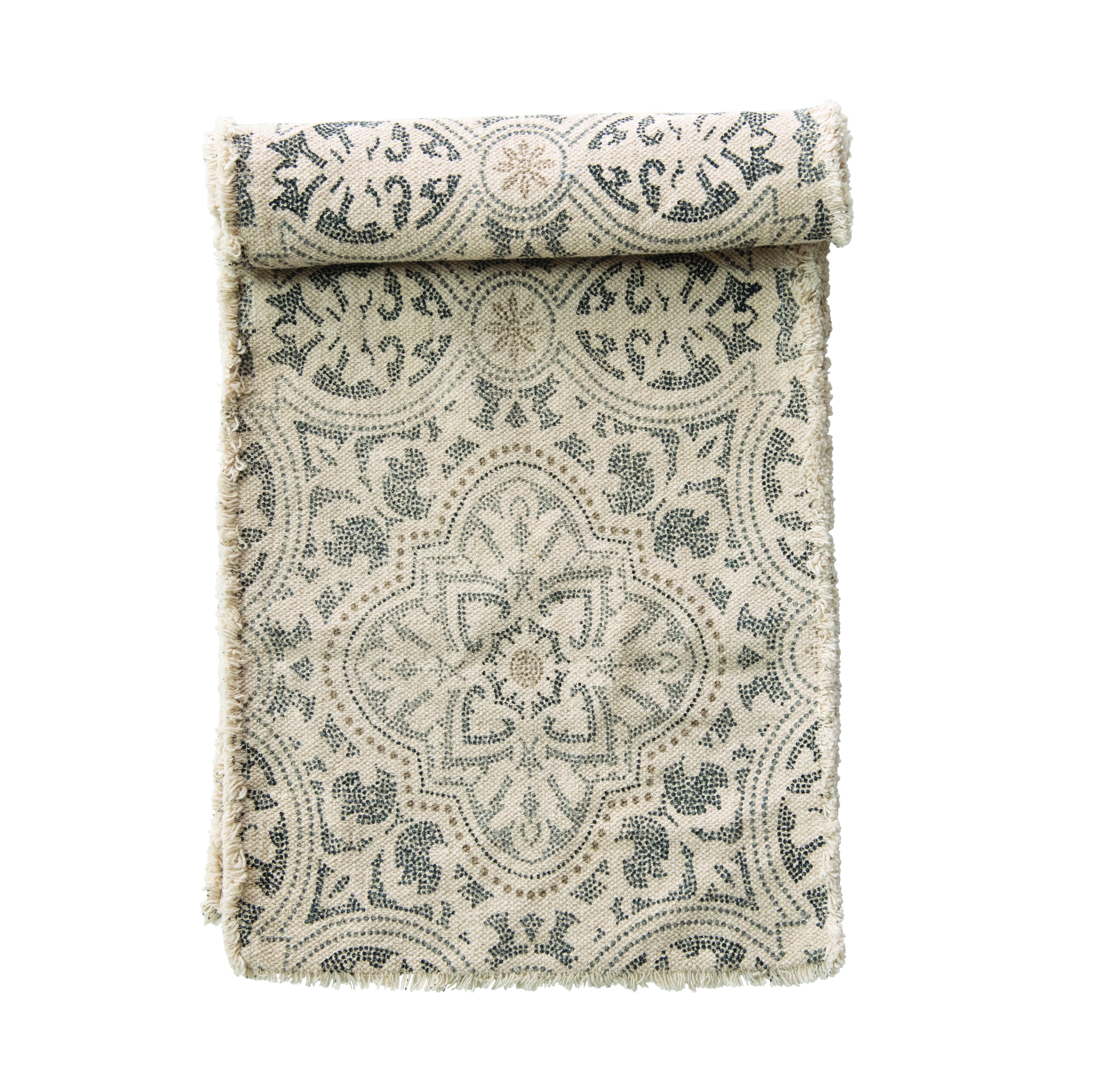 Grey and Cream Cotton Printed Table Runner with Frayed Edge - Image 0