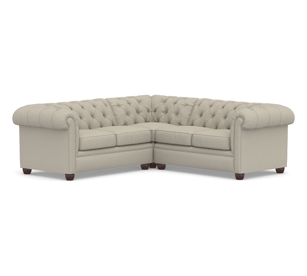 Chesterfield Roll Arm Upholstered 3-Piece L-Shaped Corner Sectional, Polyester Wrapped Cushions - Image 1