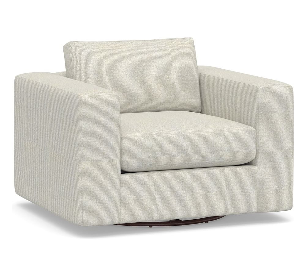 Carmel Square Arm Upholstered Swivel Armchair, Down Blend Wrapped Cushions, Performance Heathered Basketweave Dove - Image 0
