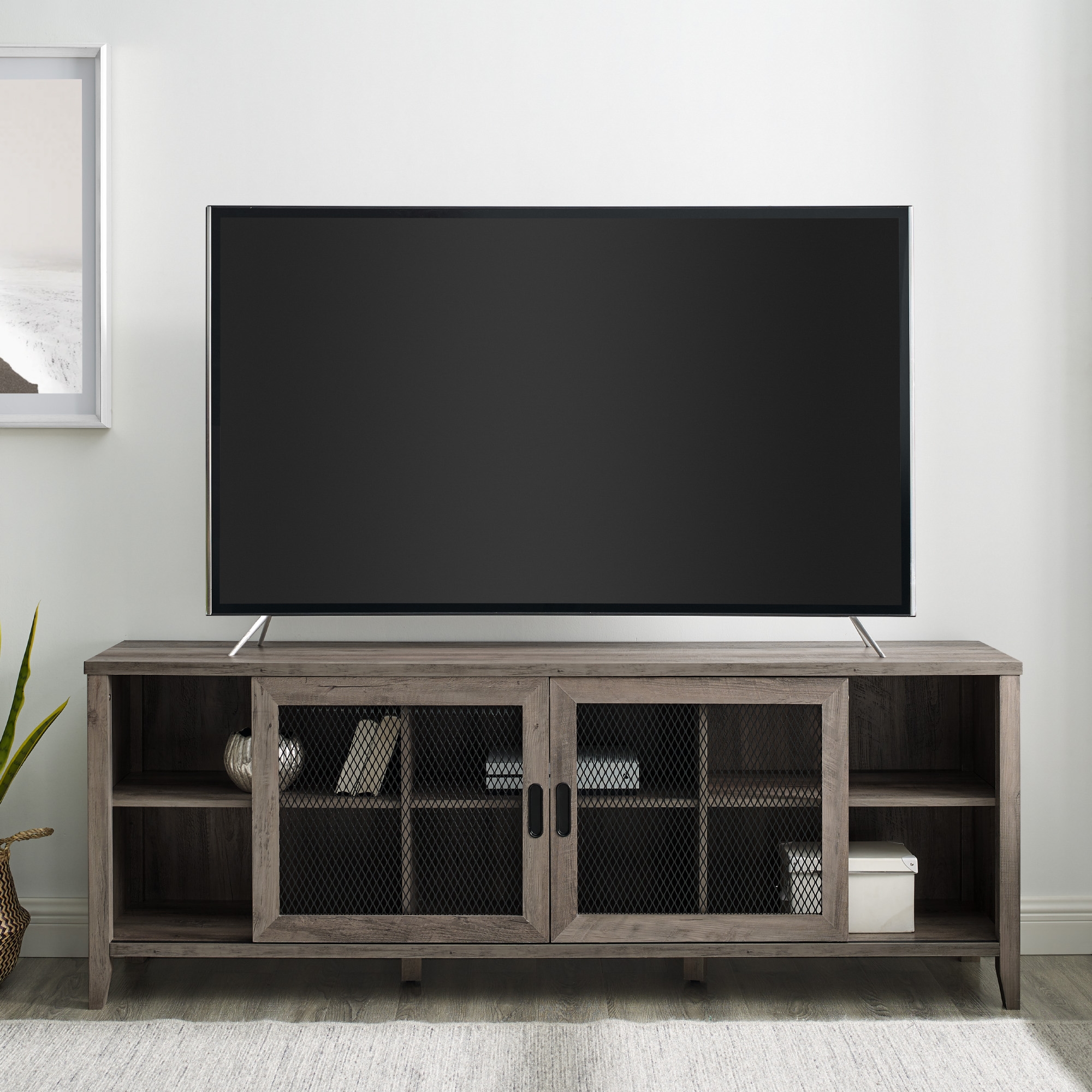 Arthur 70" Industrial Sliding Mesh Door TV Stand - Grey Wash - Image 6