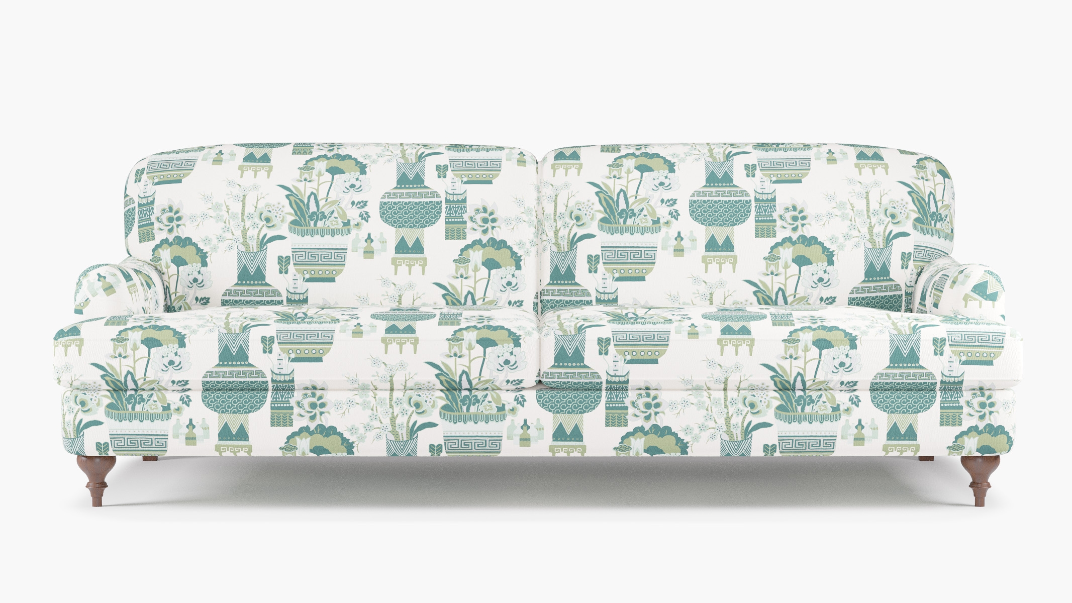 English Roll Arm Sofa, Pistachio Kan-Shie, Walnut Turned Wood Leg - Image 0