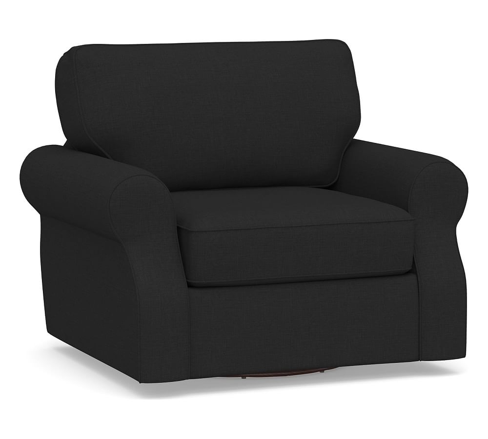 SoMa Fremont Roll Arm Upholstered Swivel Armchair, Polyester Wrapped Cushions, Textured Basketweave Black - Image 0