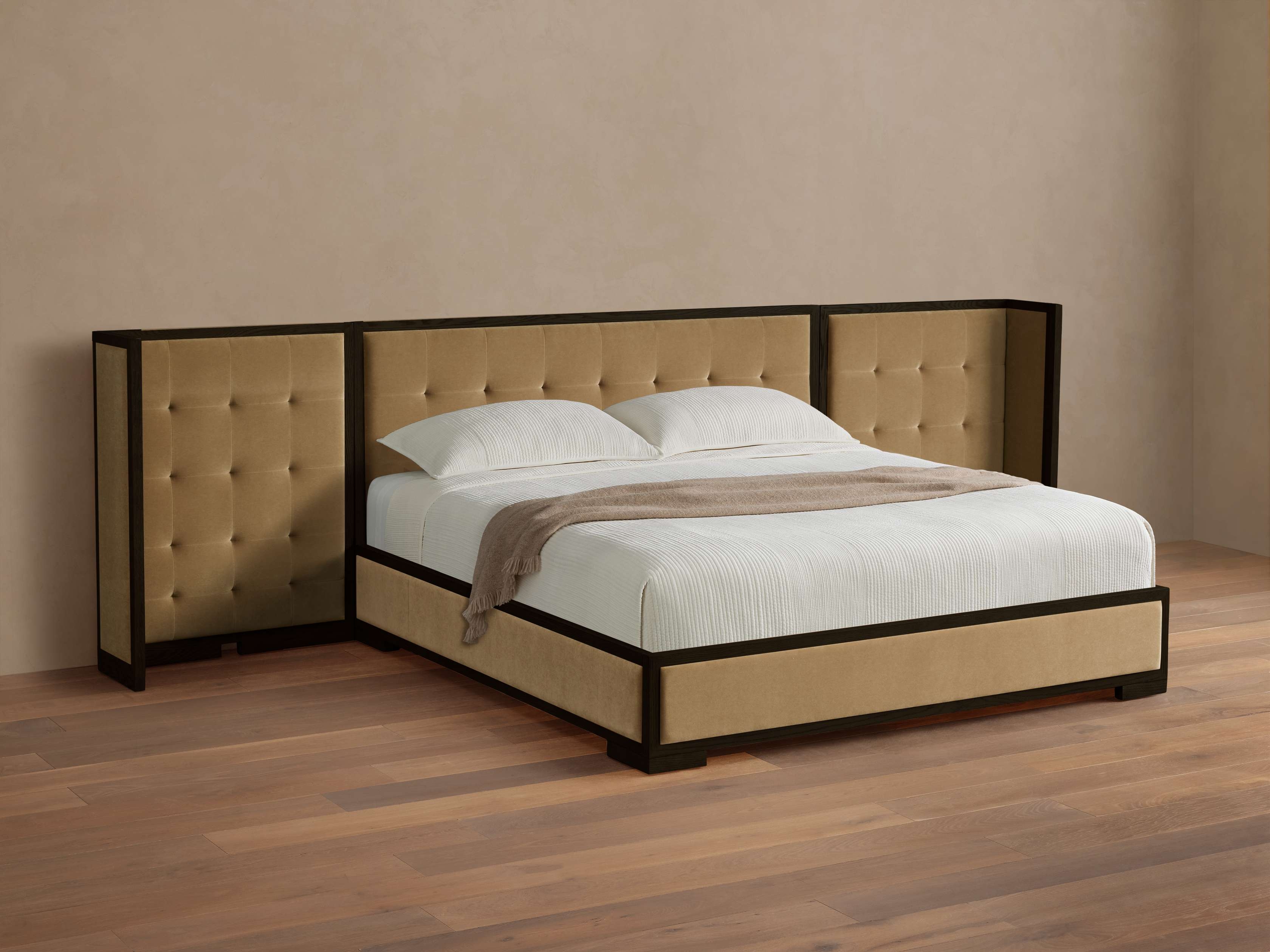 Darien Extended Box-Tufted Shelter Bed in Upholstered 48" Cali King None  Banks Taupe/Ebony - Image 0