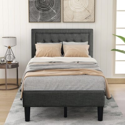 Upholstered Button-Tufted Platform Bed With Strong Wood Slat Support (Twin, Gray) - Image 0