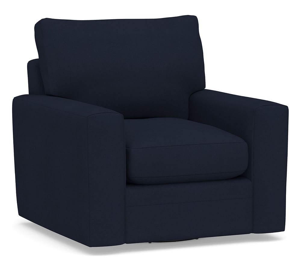 Pearce Modern Square Arm Upholstered Swivel Armchair, Down Blend Wrapped Cushions, Twill Cadet Navy - Image 0