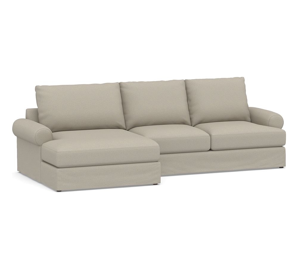 Canyon Roll Arm Slipcovered Right Arm Loveseat with Double Chaise Sectional, Down Blend Wrapped Cushions, Performance Boucle Fog - Image 0