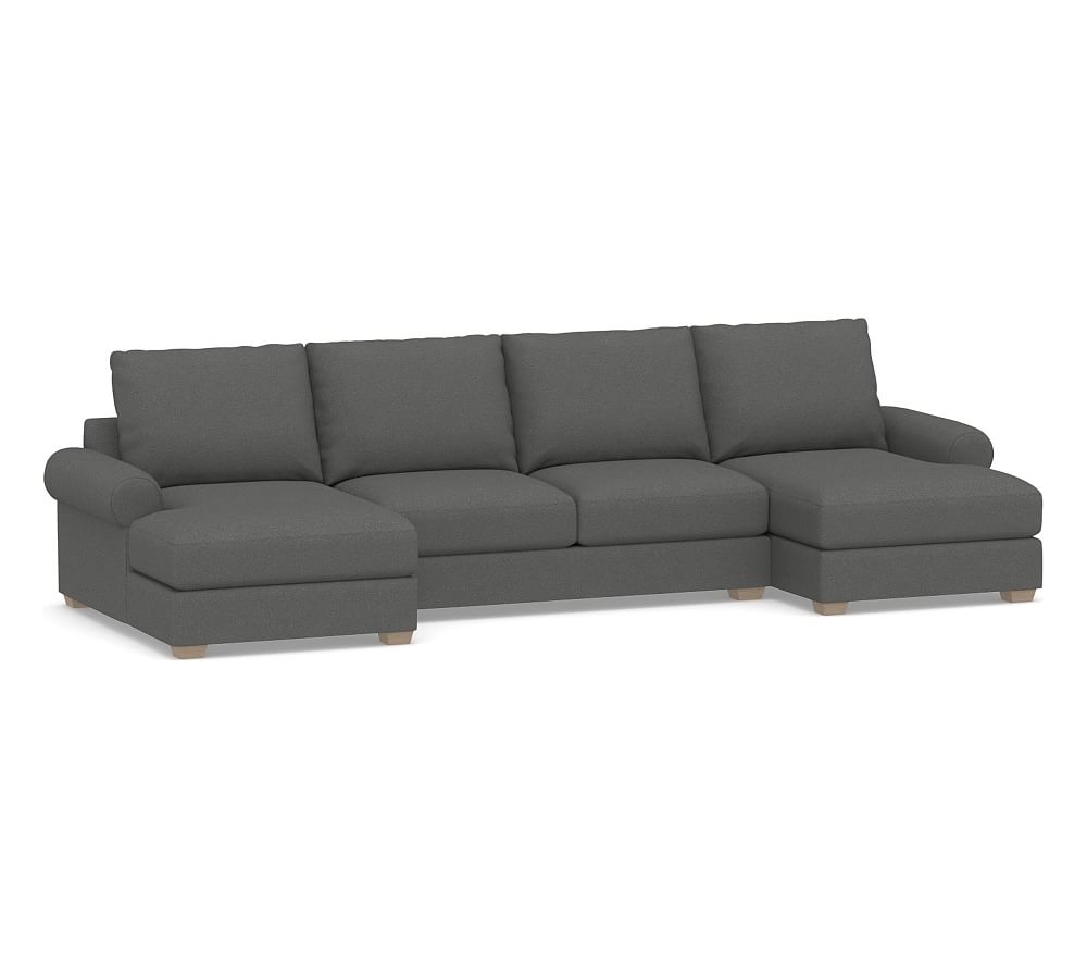 Canyon Roll Arm Upholstered U-Chaise Loveseat Sectional, Down Blend Wrapped Cushions, Park Weave Charcoal - Image 0