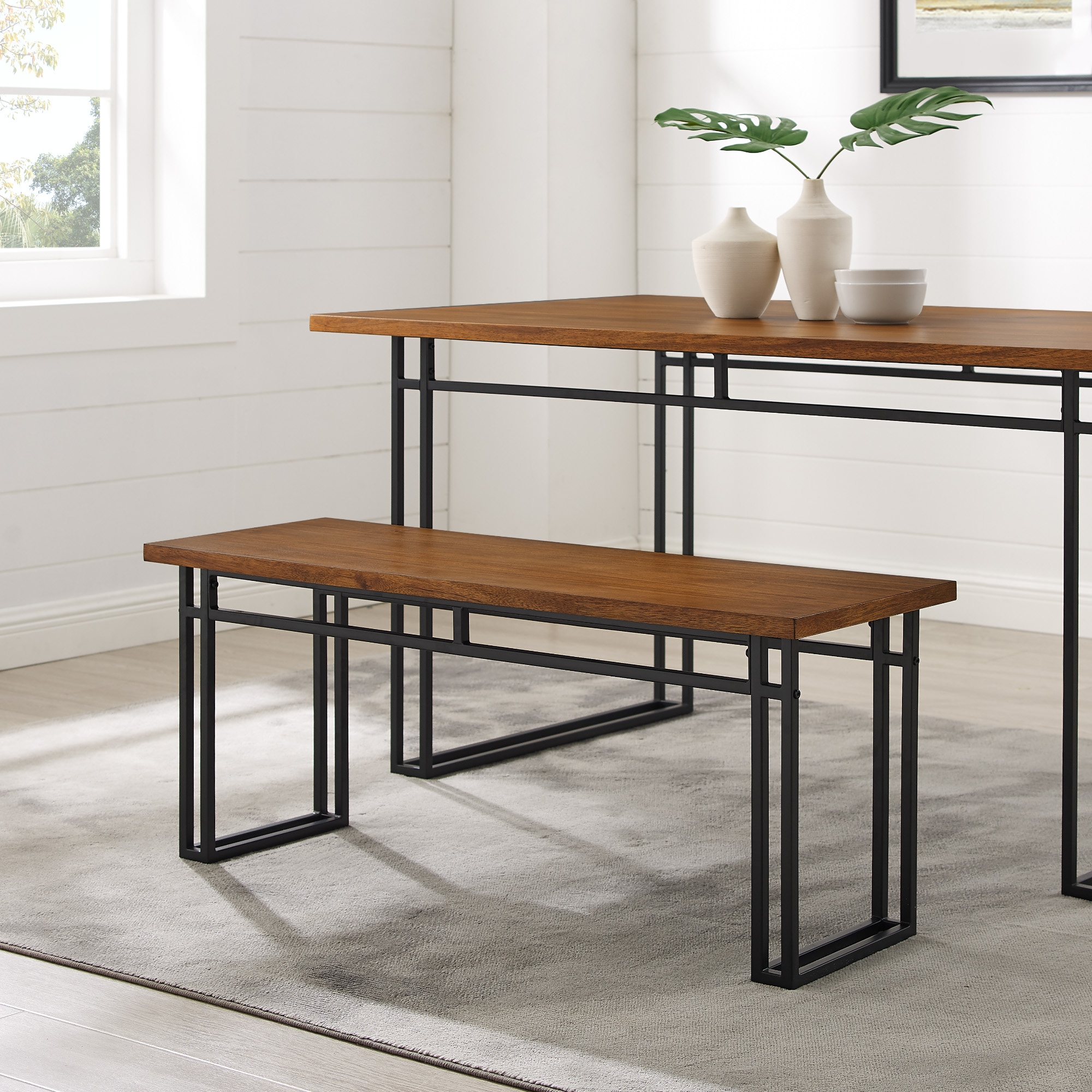Contemporary Dual-Metal Leg Solid Wood Veneer Dining Bench – Walnut  - Image 4