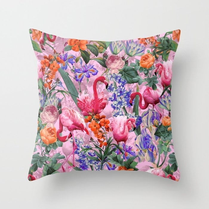 Floral And Flemingo Vi Pattern Couch Throw Pillow by Burcu Korkmazyurek - Cover (20" x 20") with pillow insert - Outdoor Pillow - Image 0