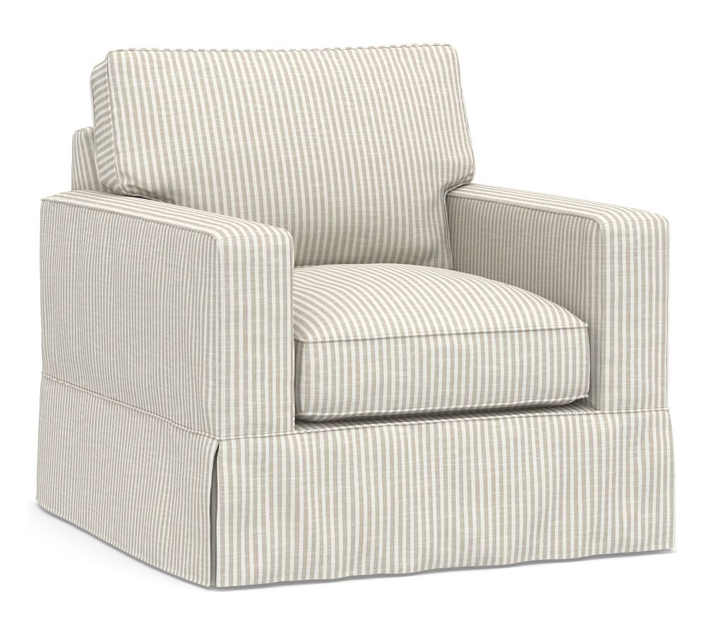 PB Comfort Roll Arm Slipcovered Armchair 39", Box Edge Down Blend Wrapped Cushions, Classic Stripe Oatmeal - Image 0