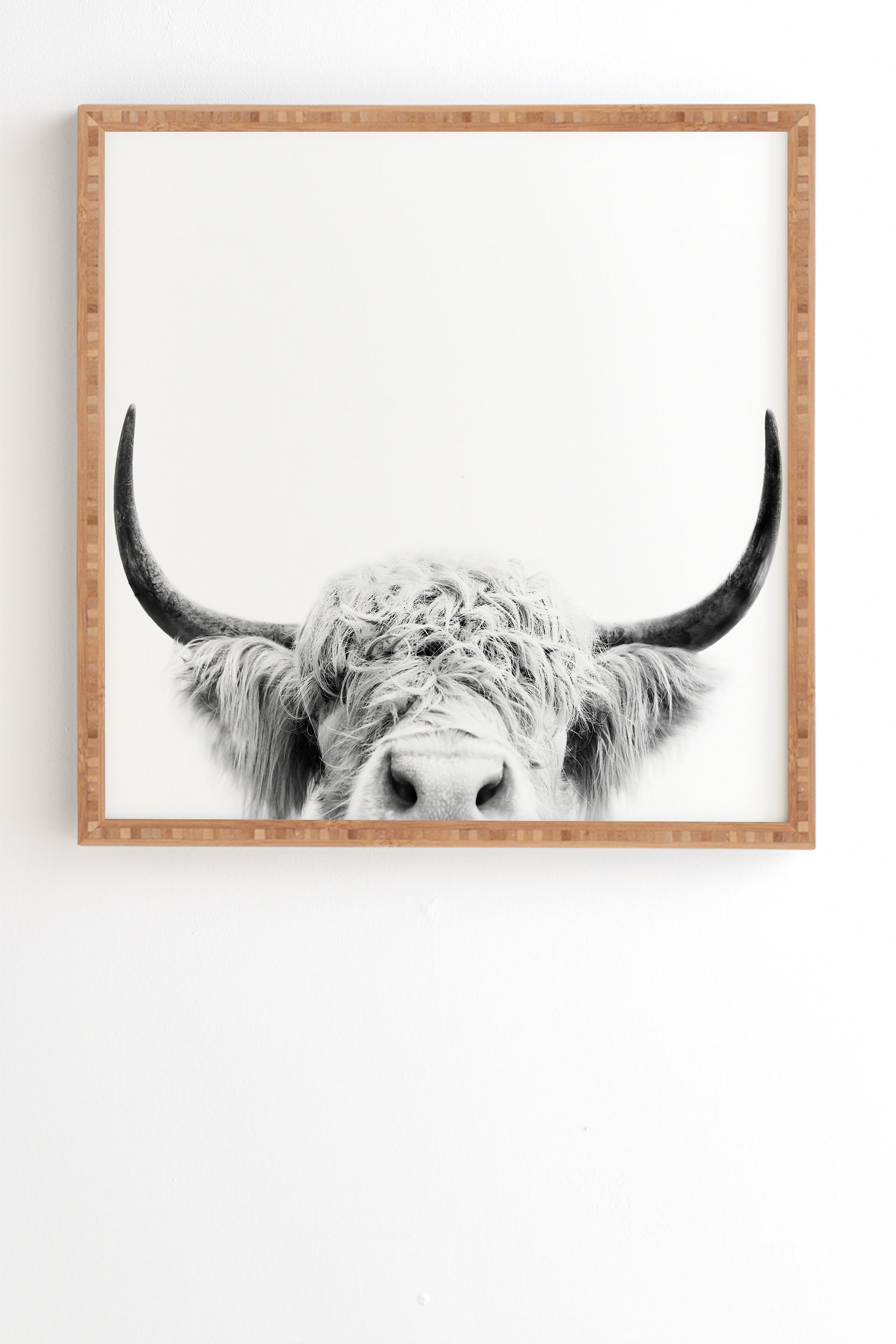 Peeking Highland Cow by Sisi and Seb - Framed Wall Art Bamboo 30" x 30" - Image 1