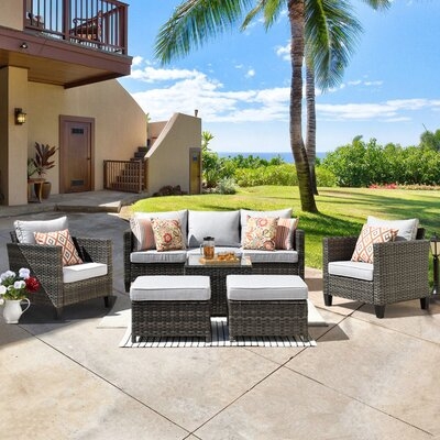 6 Piece Rattan Sofa Seating Group With Cushions And Table - Image 0
