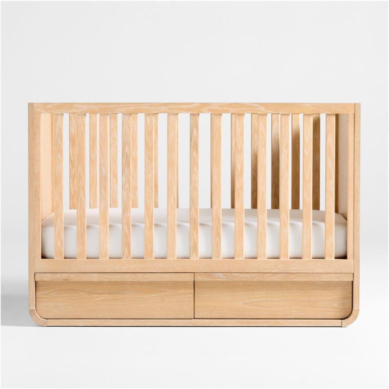 Mira Natural Oak Wood Convertible Baby Crib with Storage and Toddler Bed Rail - Image 1